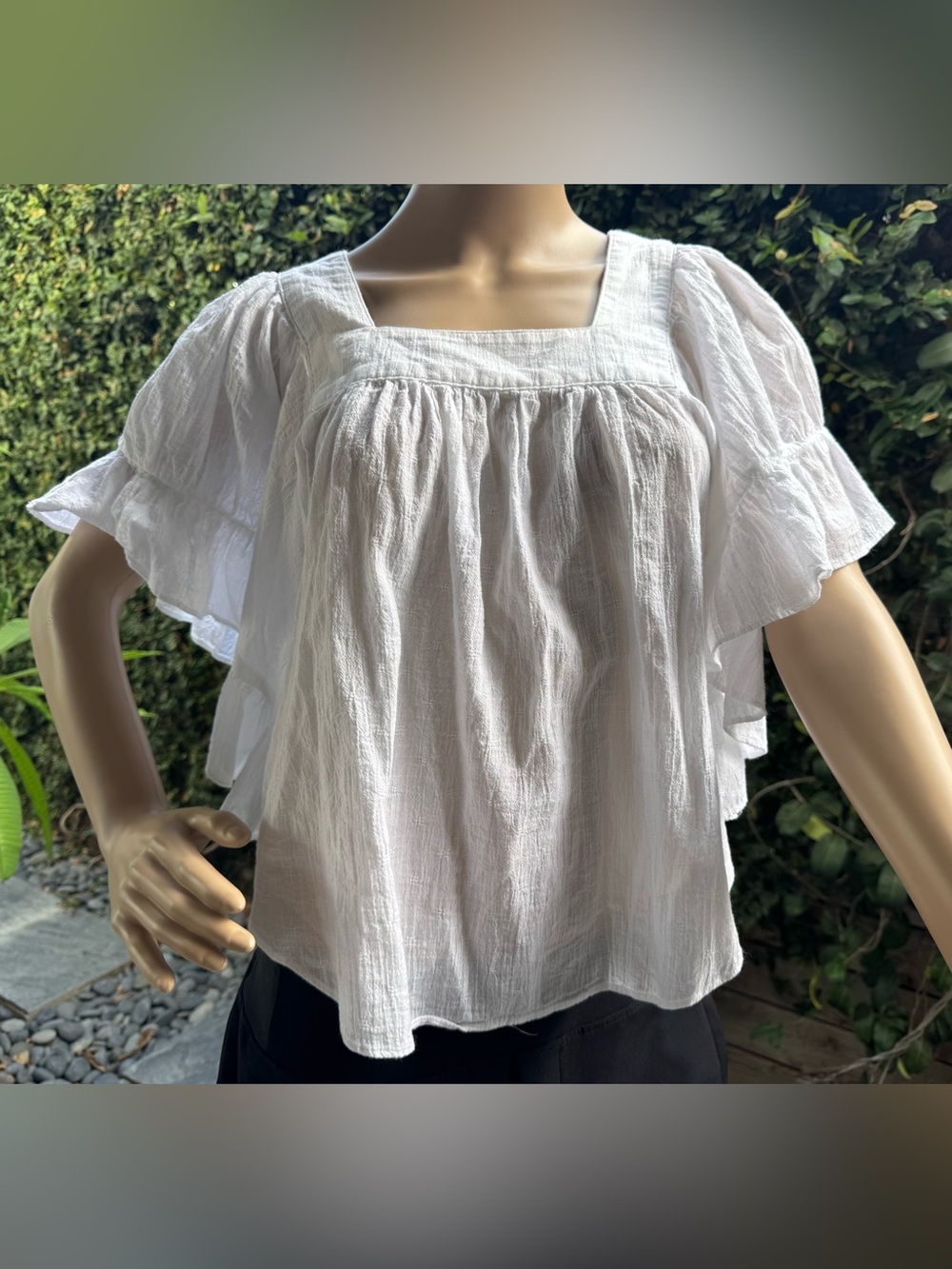 Madewell White Square-Neck Ruffle Flutter Sleeve Top